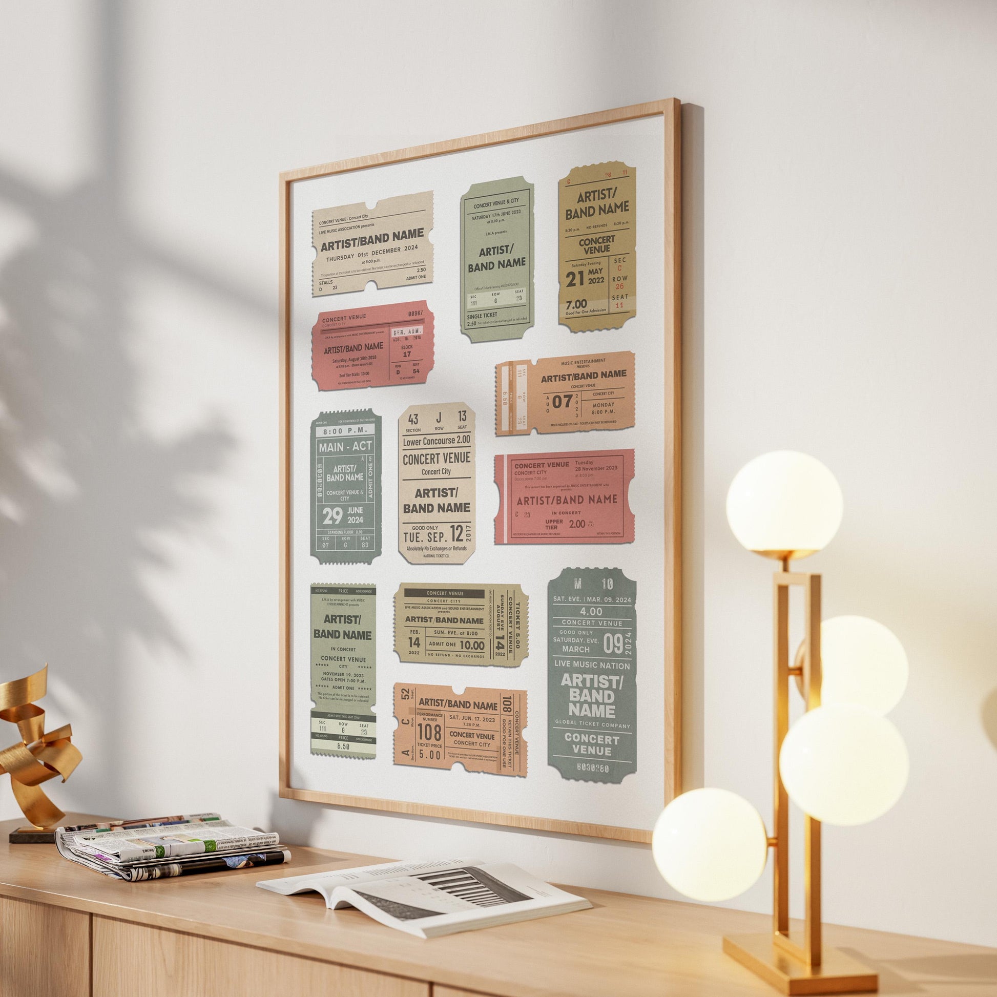 Framed nostalgic poster with colourful vintage ticket stubs each custom printed with your chosen concert memories
