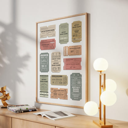 Framed nostalgic poster with colourful vintage ticket stubs each custom printed with your chosen concert memories