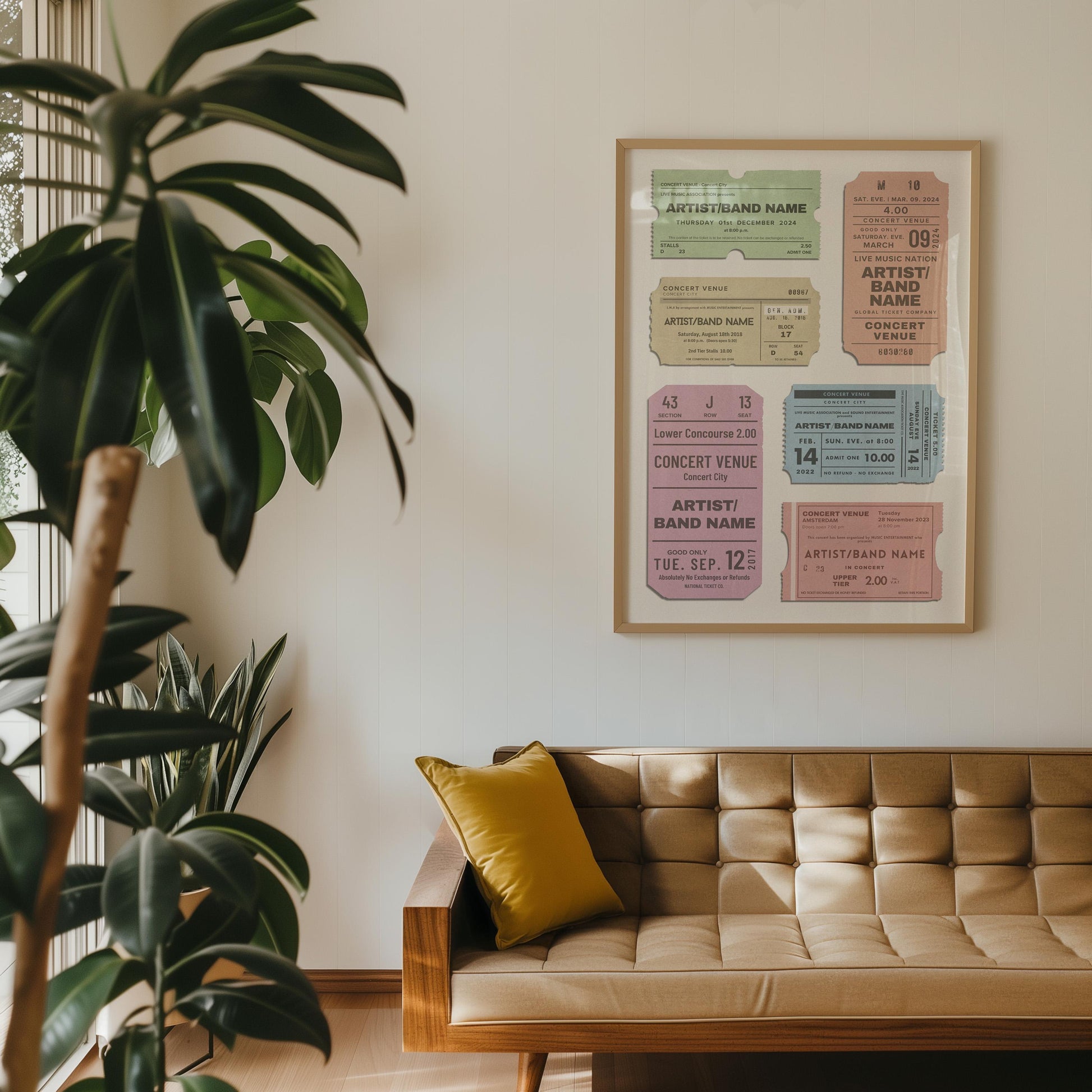 Pastel framed in Livingroom concert poster with custom ticket designs for each show a unique gift for fans of live music