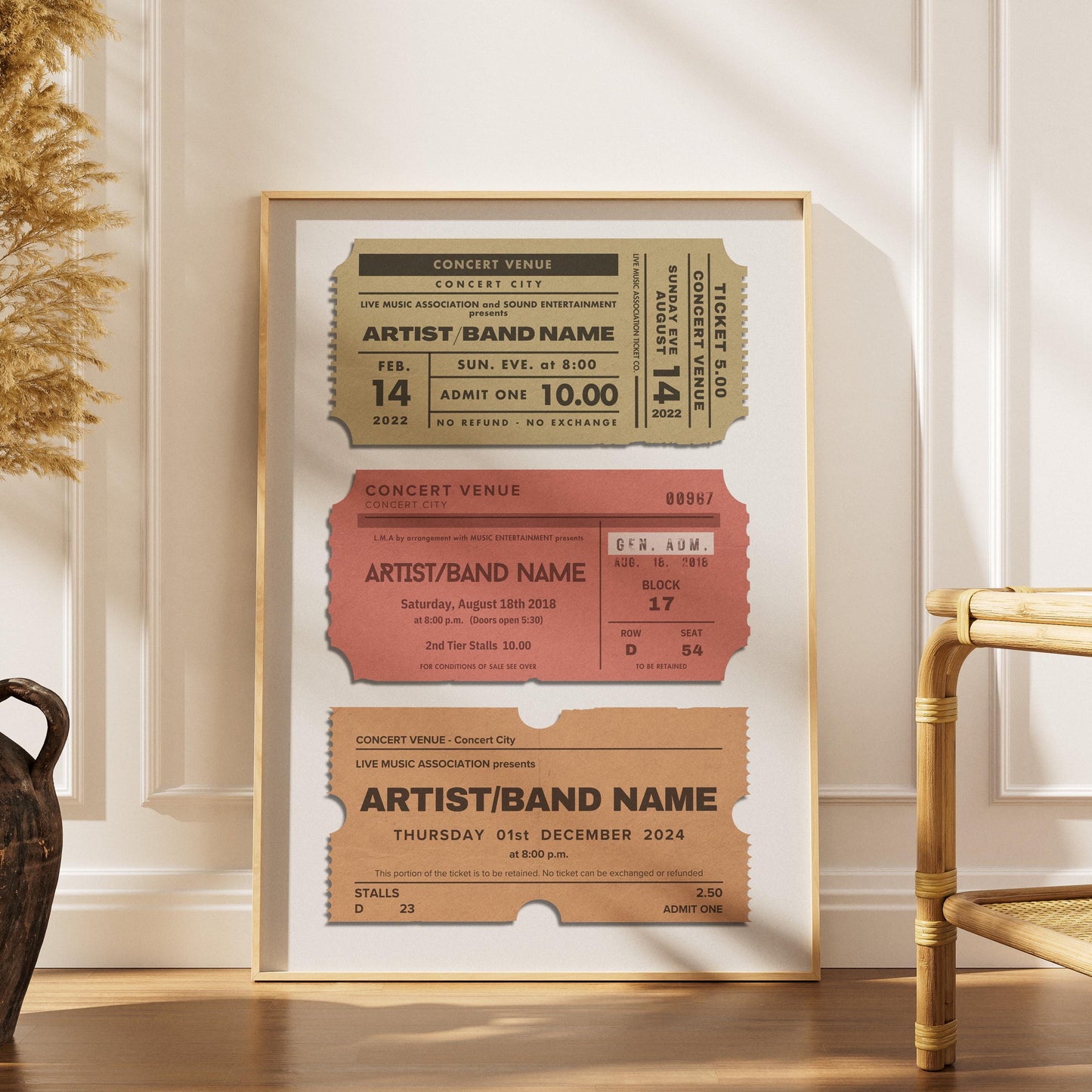 aesthetic three music event stub wall art in a Scandinavian/boho style home.