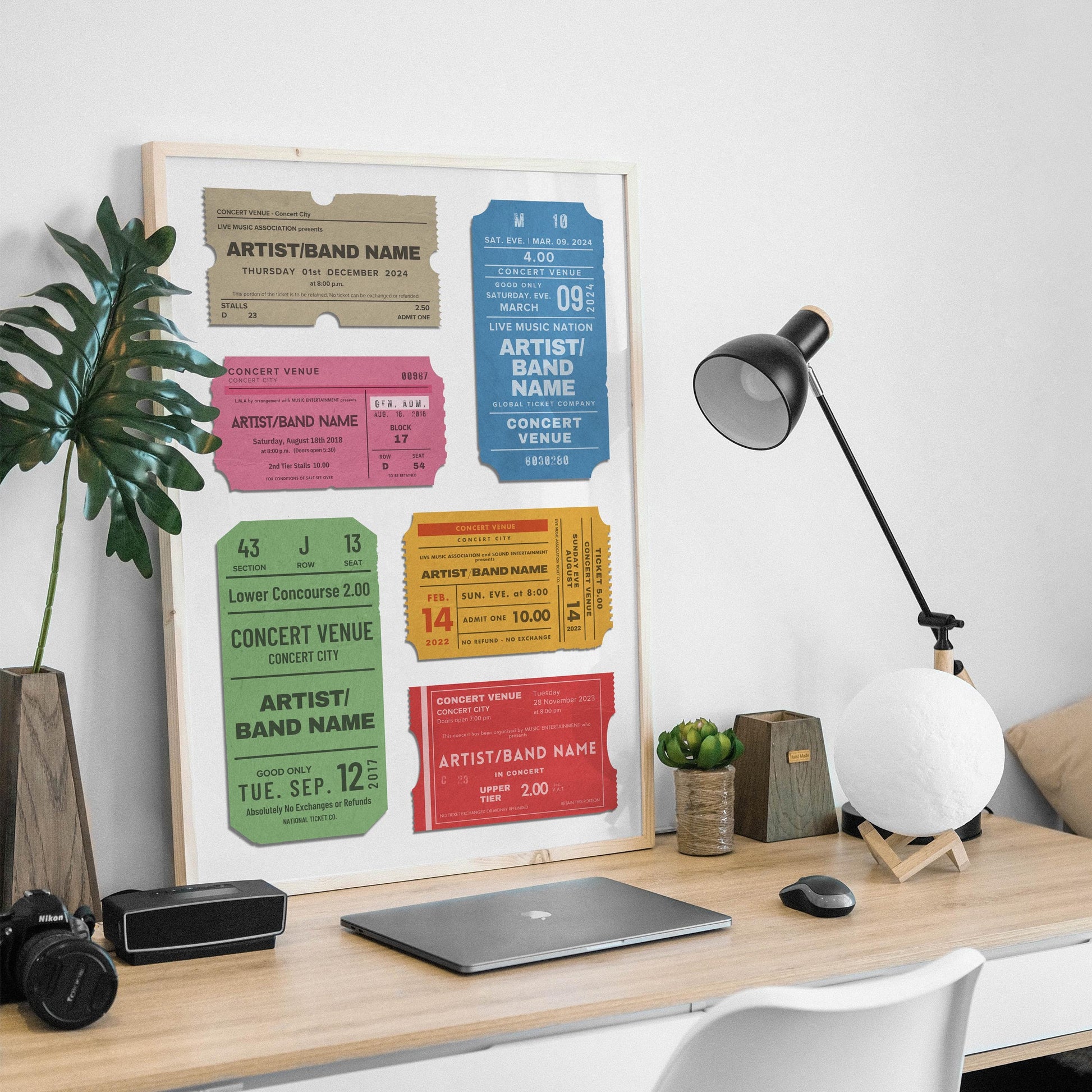 leaning on desk vintage ticket print with colourful retro style a thoughtful bespoke gift for music fans and collectors