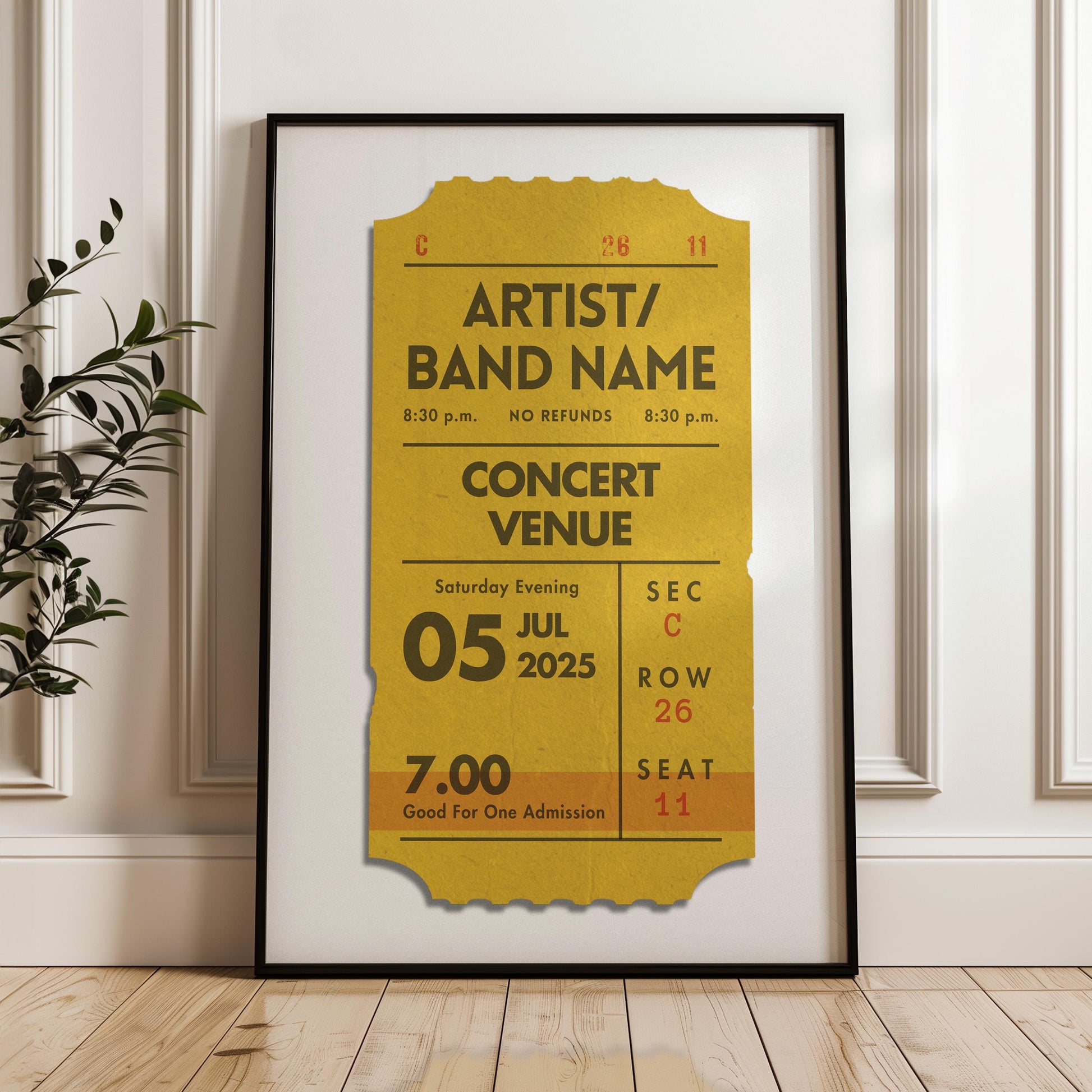 Personalised rich yellow concert event poster, framed and leaning, nostalgic gift for gig fans.