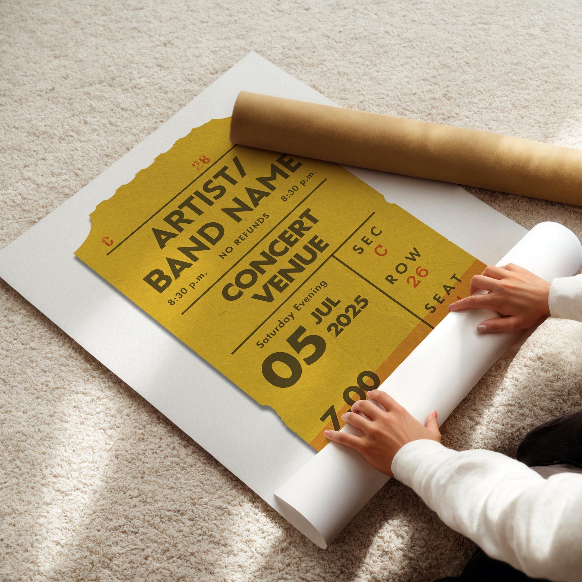 3D effect ticket stub poster bring rolled out on floor in modern home.