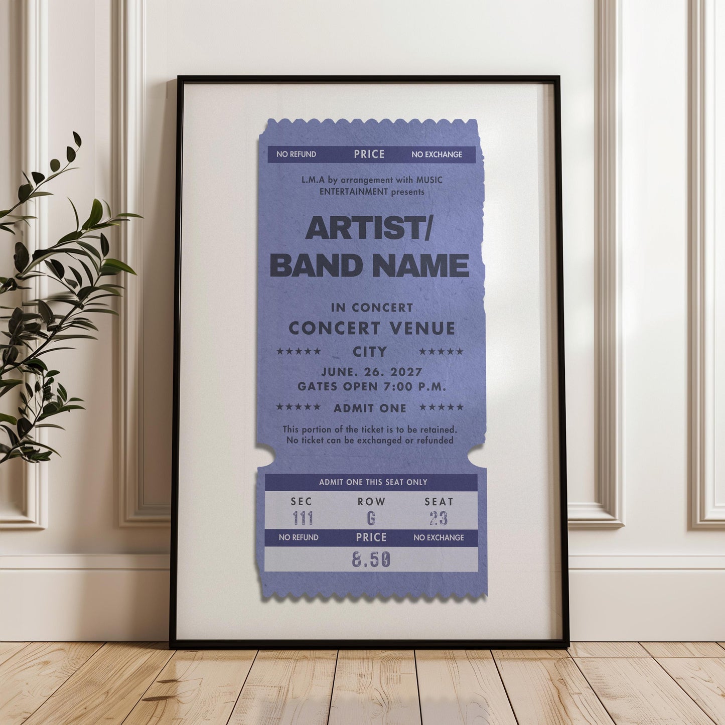 Cool blue digital concert ticket poster, personalised vintage design, perfect music-themed gift. Framed leaning on shelf