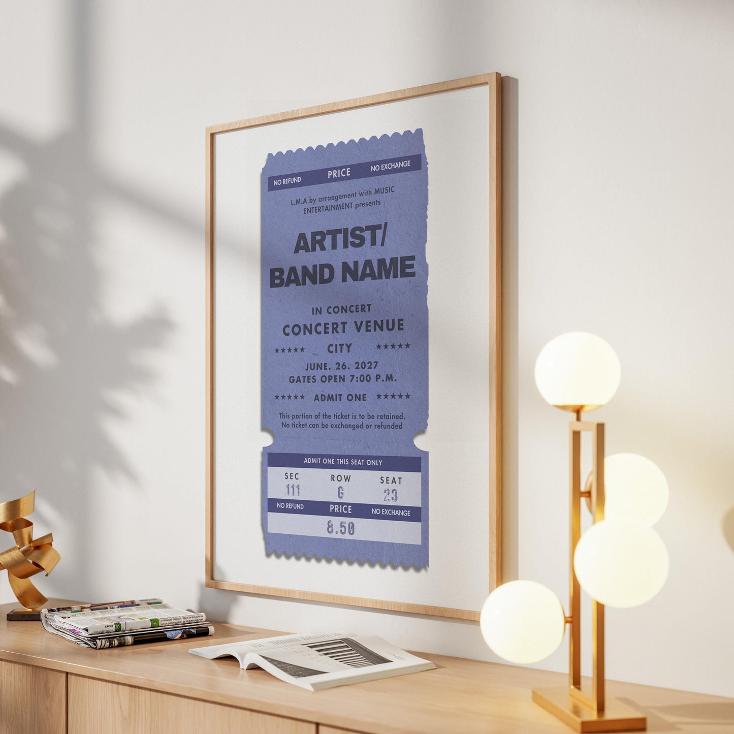 Dusty blue personalised ticket poster, bespoke digital file, perfect music gig gift idea. in kitchen for decor piece.