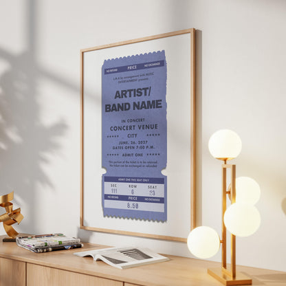 Dusty blue personalised ticket poster, bespoke digital file, perfect music gig gift idea. in kitchen for decor piece.