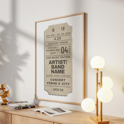 a minimalist elegant home with a framed custom art piece on the wall. A bespoke made neutral beige coloured old event stub.