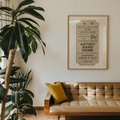 Digital custom concert ticket in cream tones, ideal for framing and leaning on a floor in bedroom.
