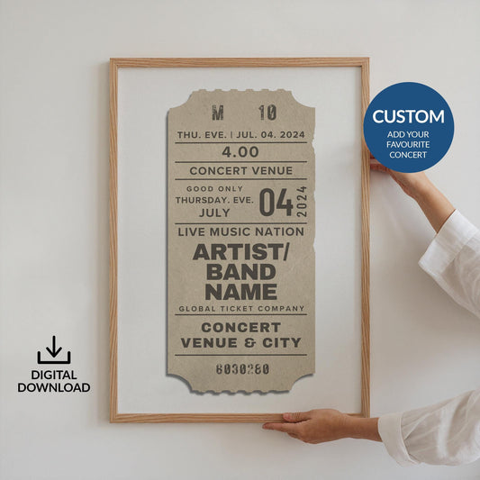 Custom printable concert ticket in soft beige, digital file for music lovers and nostalgic decor.