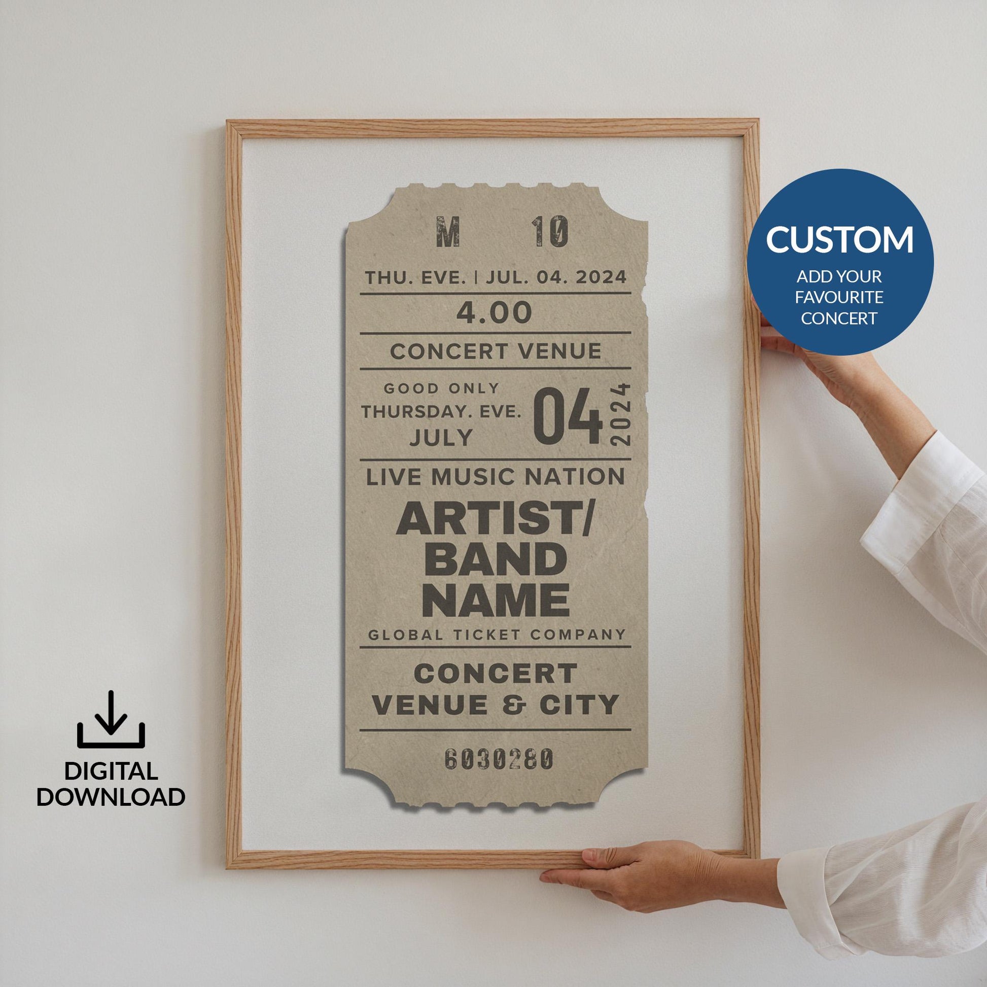 Custom printable concert ticket in soft beige, digital file for music lovers and nostalgic decor.