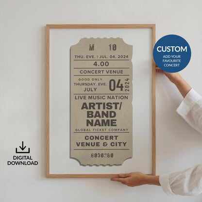 Custom printable concert ticket in soft beige, digital file for music lovers and nostalgic decor.