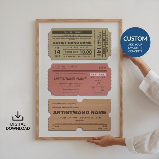 Digital vintage festival stubs print, customizable for personal music memories, perfect nostalgic festival gift.