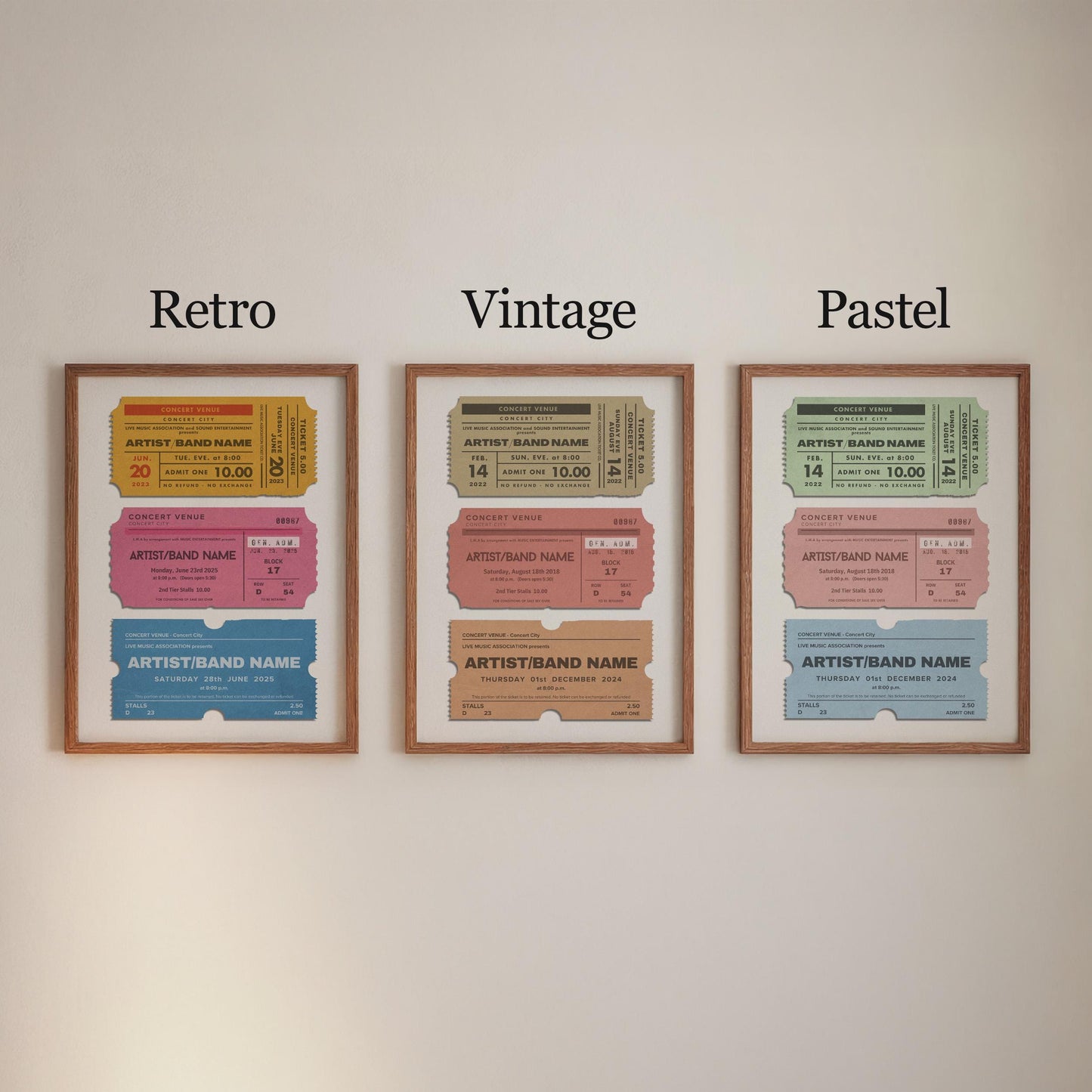 Digital vintage concert ticket stubs artwork, personalized for festival and gig memories, perfect nostalgic gift.