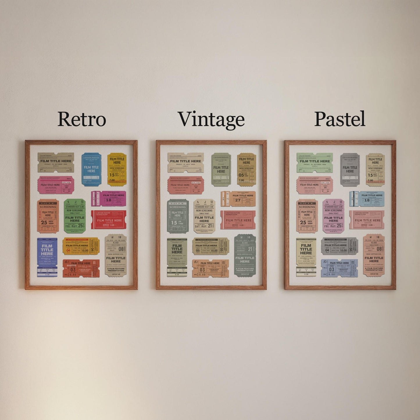 Custom vintage cinema ticket print in either vintage pastel or retro colour schemes to suit all spaces