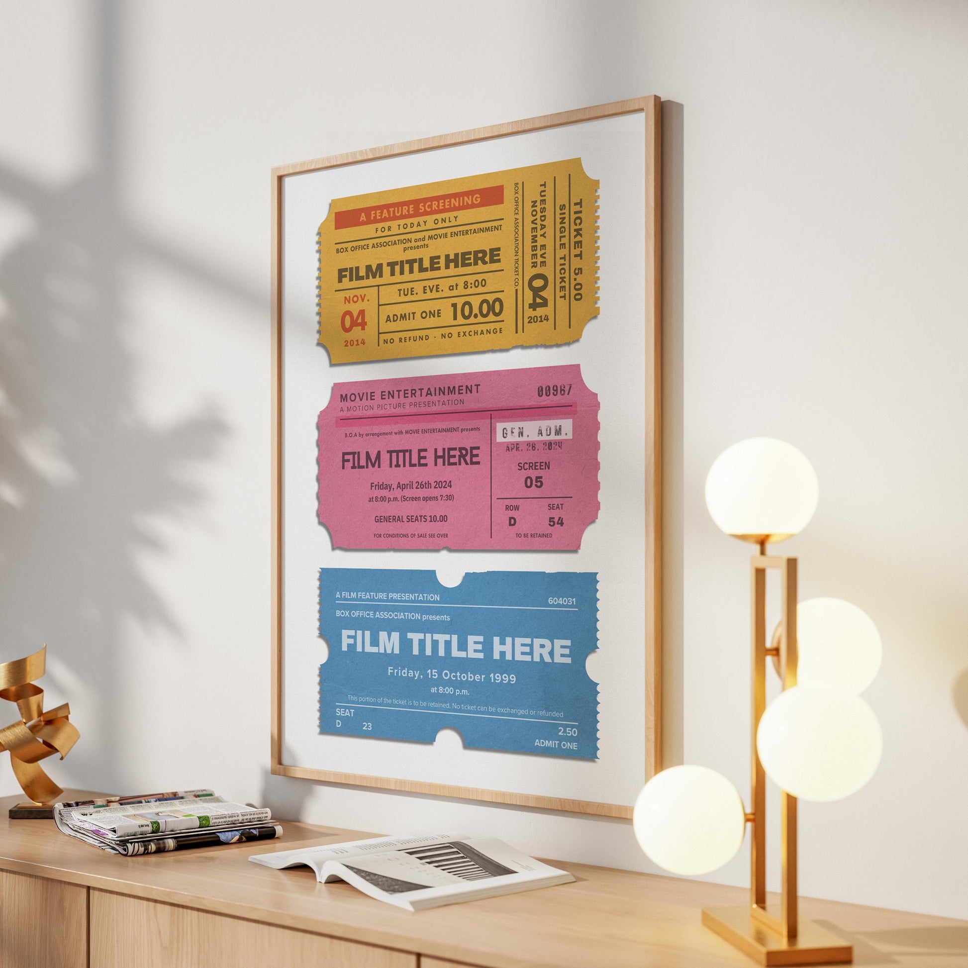 framed trio nostalgic cinema tickets on wall art piece hung on white wall.
