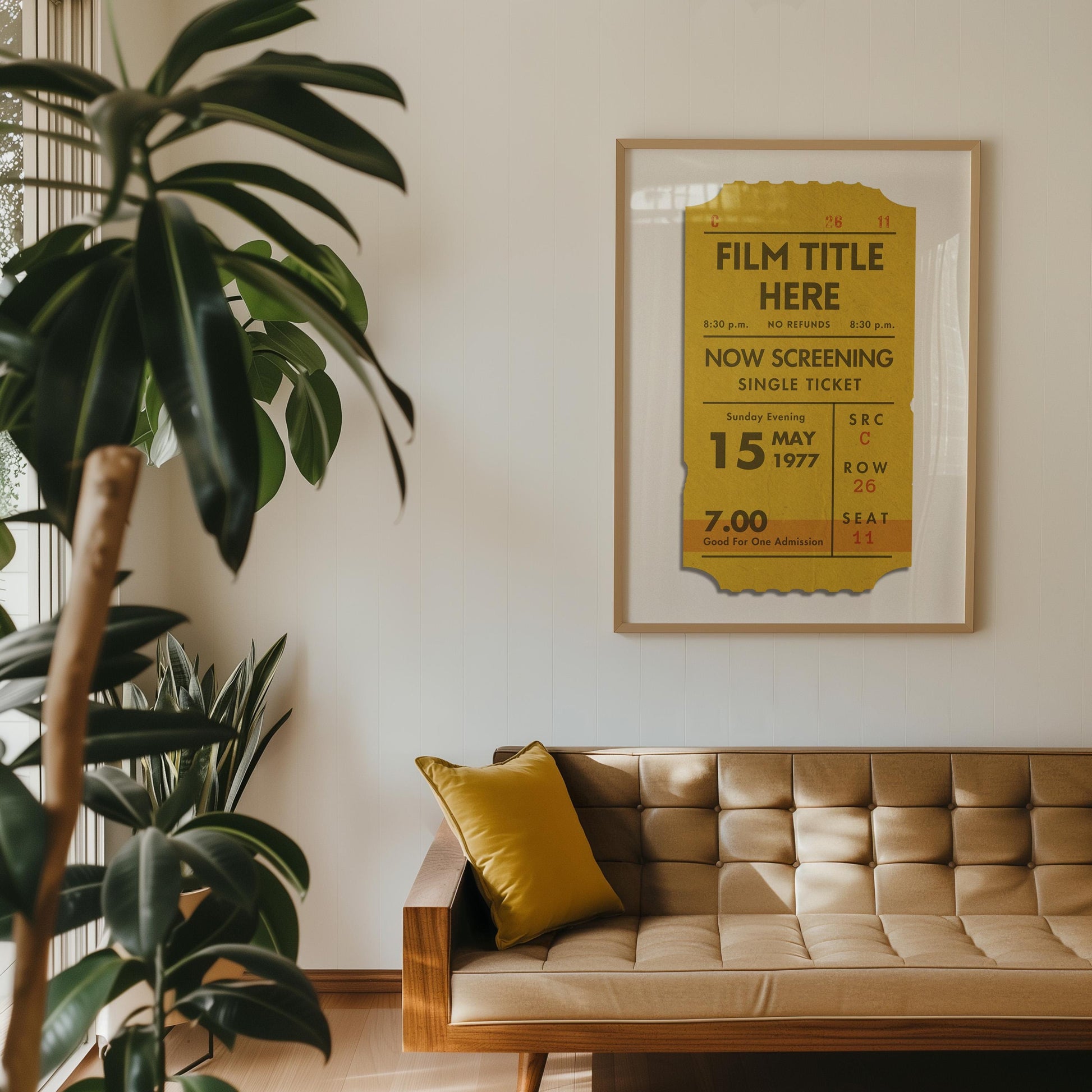 a framed print leaning on kitchen wall. Vintage ticket stub poster art