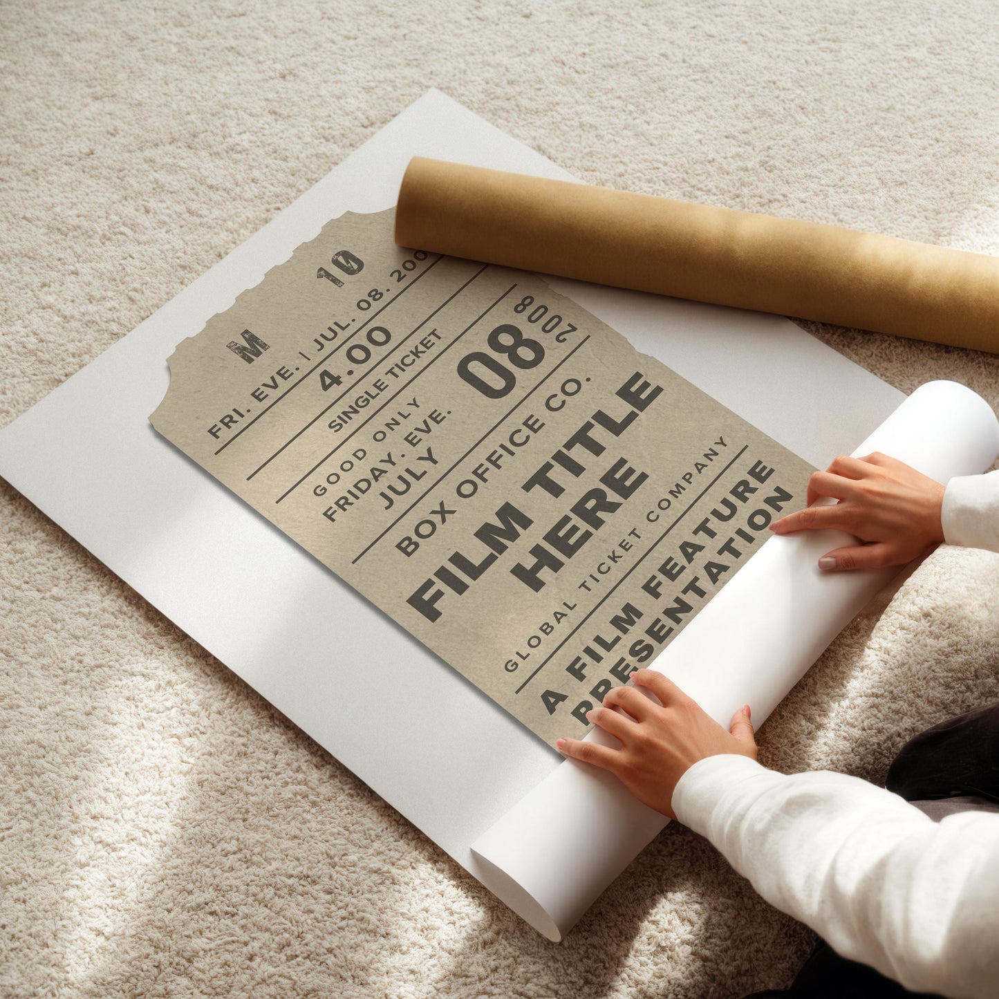 large print beige poster being rolled out on floor.