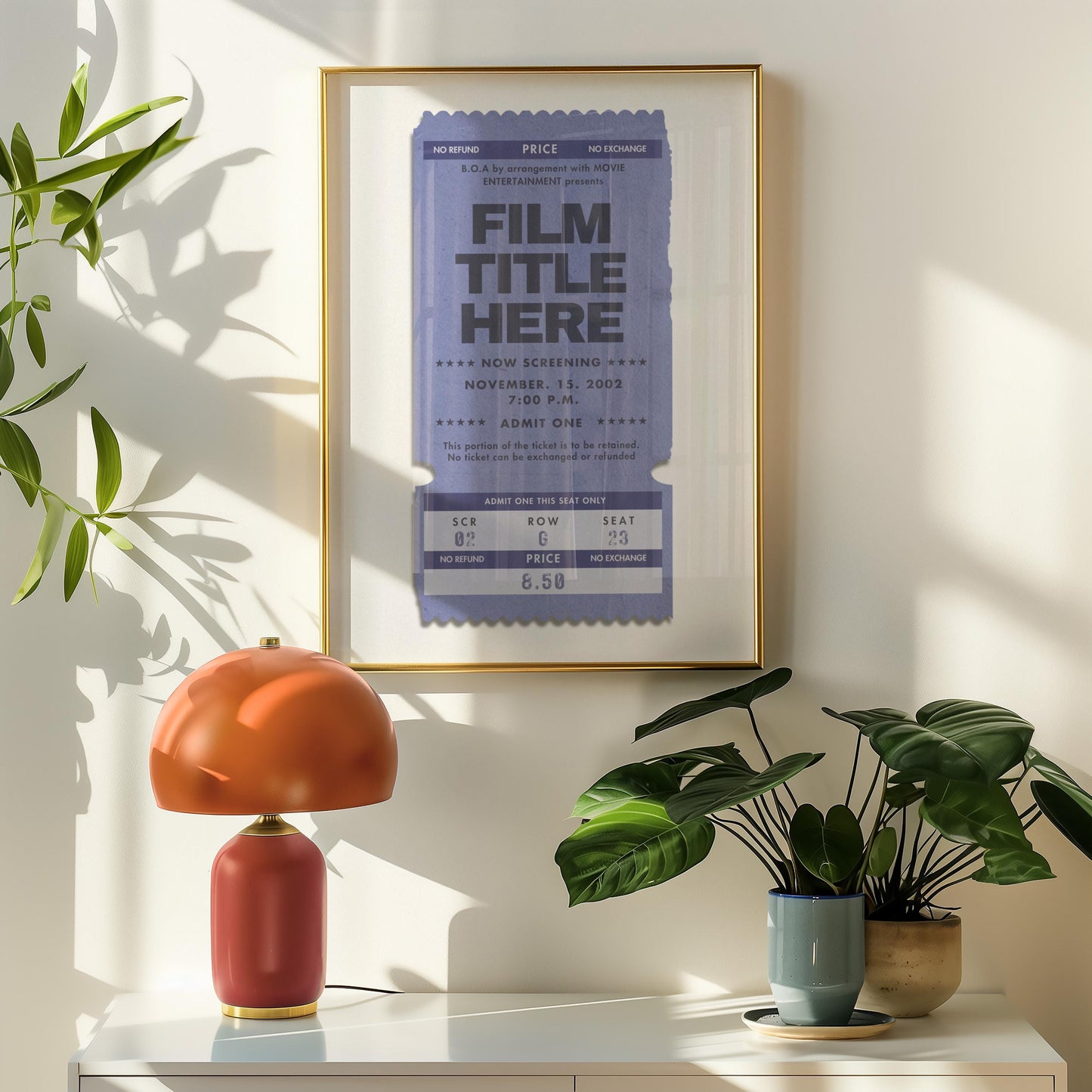cosy home poster film lover art on sideboard with lamp and plant.