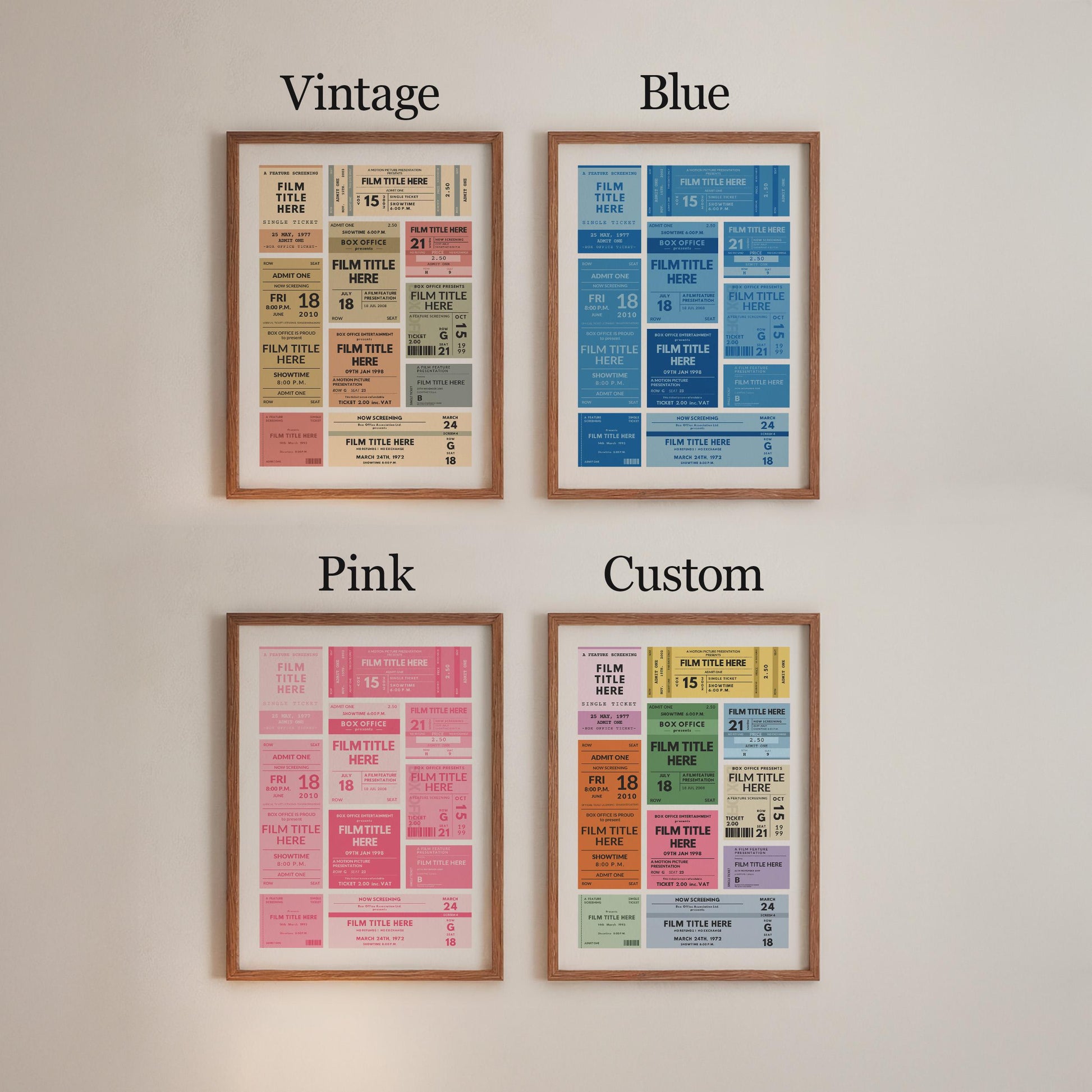 Retro cinema ticket wall art comes in various colour schemes. Pink, blue, vintage and custom. Perfect to match your home.