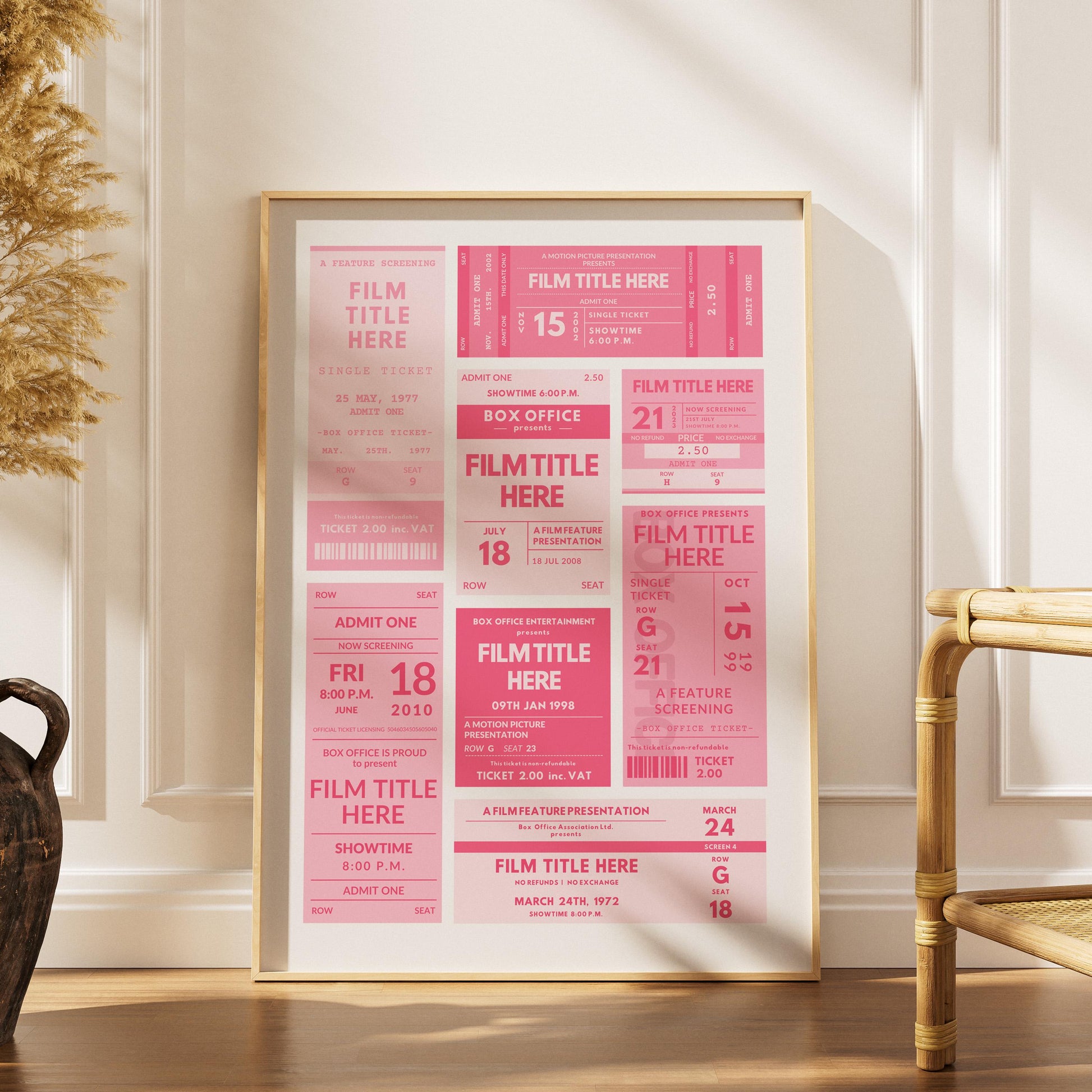 pink old ticket stubs personalised with your favourite movies. Pink colour scheme framed in boho house style.