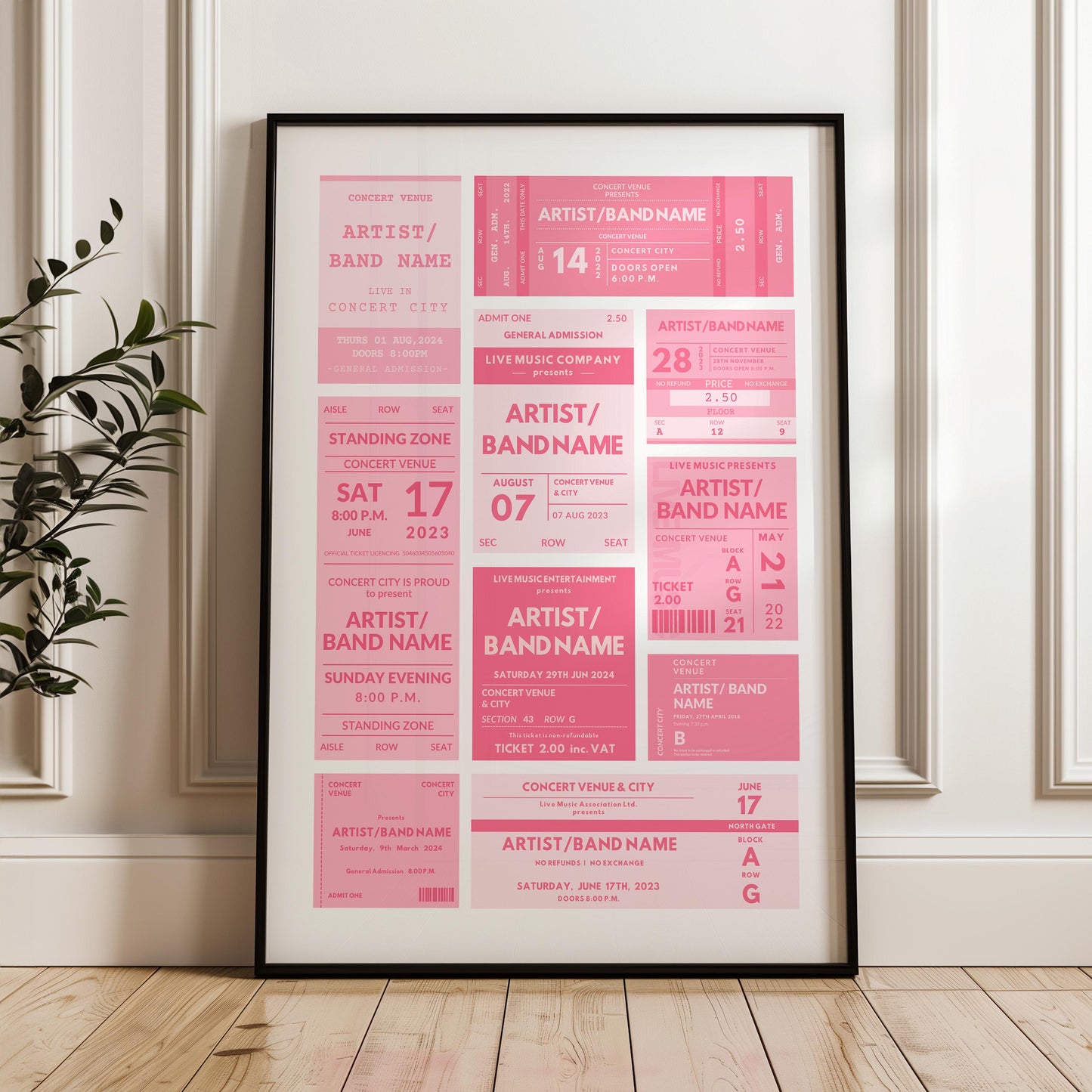 girly trendy poster leaning on cladded wall in bedroom.