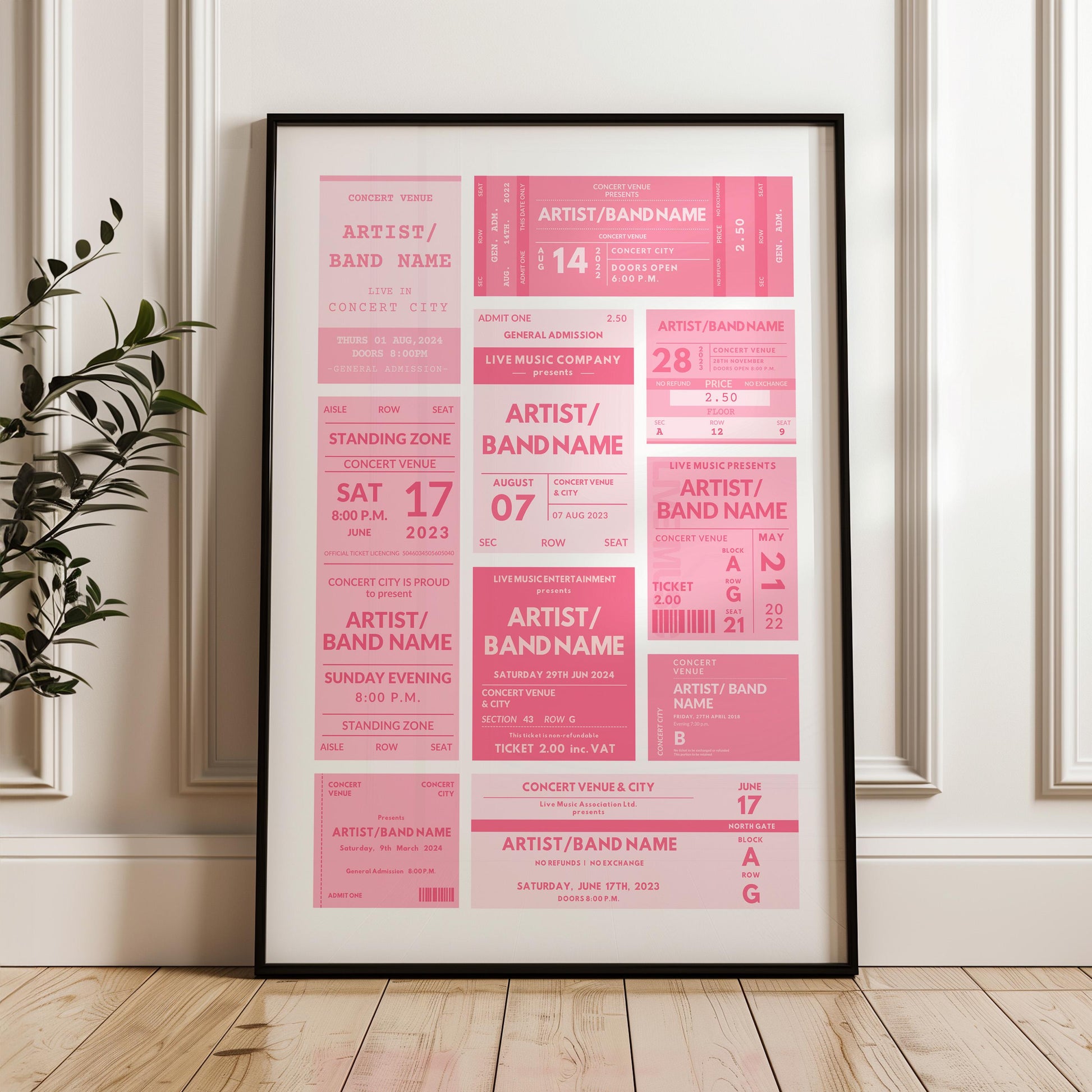 girly trendy poster leaning on cladded wall in bedroom.