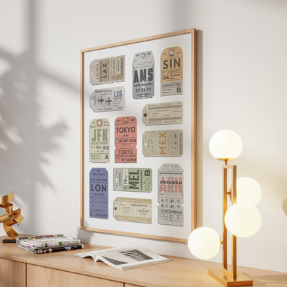 Digital airport tag wall art leaning on wall in office, printable travel keepsake for affordable holiday or birthday gifts.