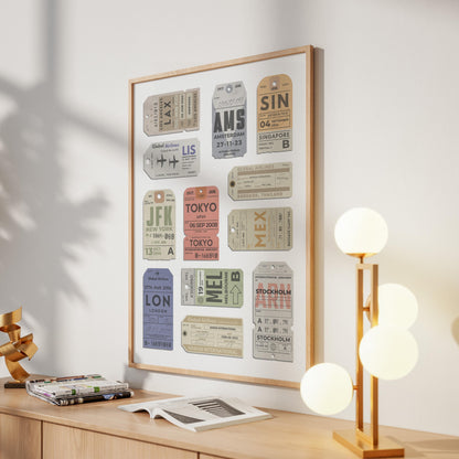 Digital airport tag wall art leaning on wall in office, printable travel keepsake for affordable holiday or birthday gifts.