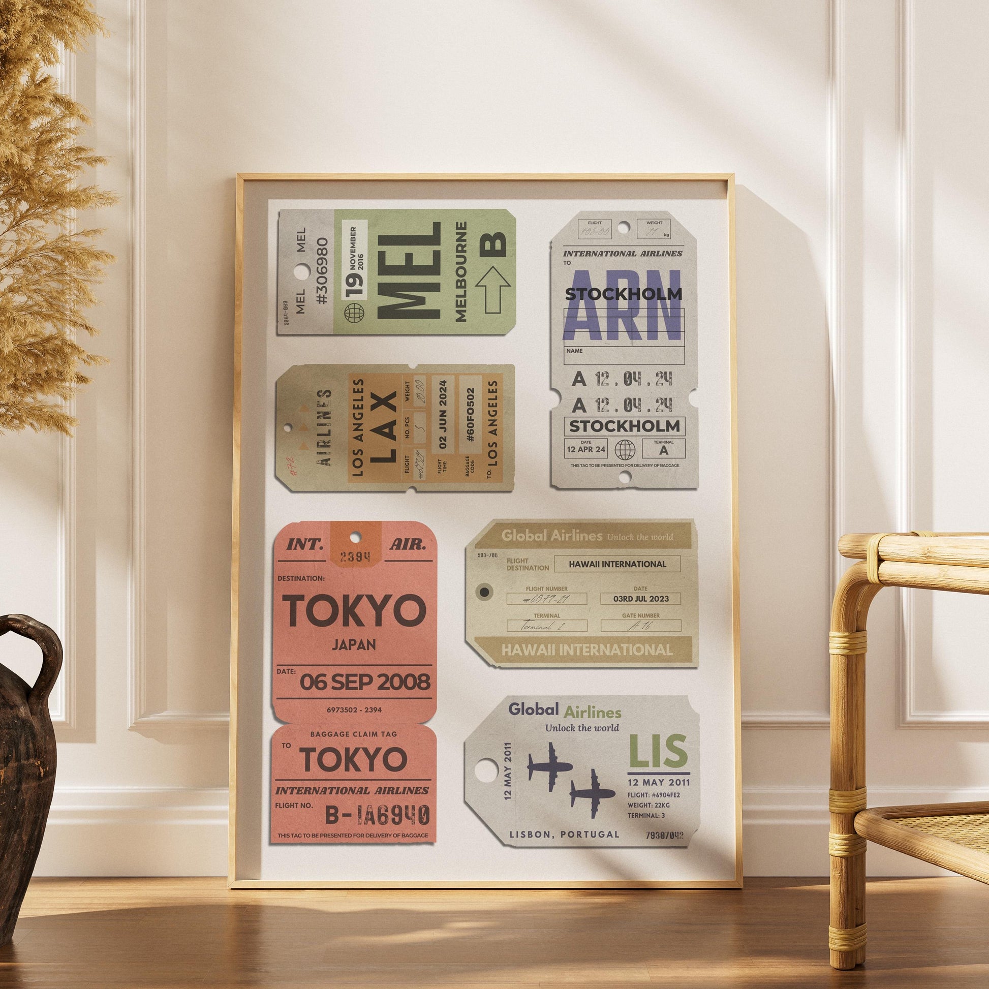 Downloadable personalised airport luggage tag artwork, printable travel poster for those who love flights and holidays.