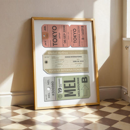 set of three luggage tags from 80's 90's on a poster with muted colours. customisable destinations for customer.