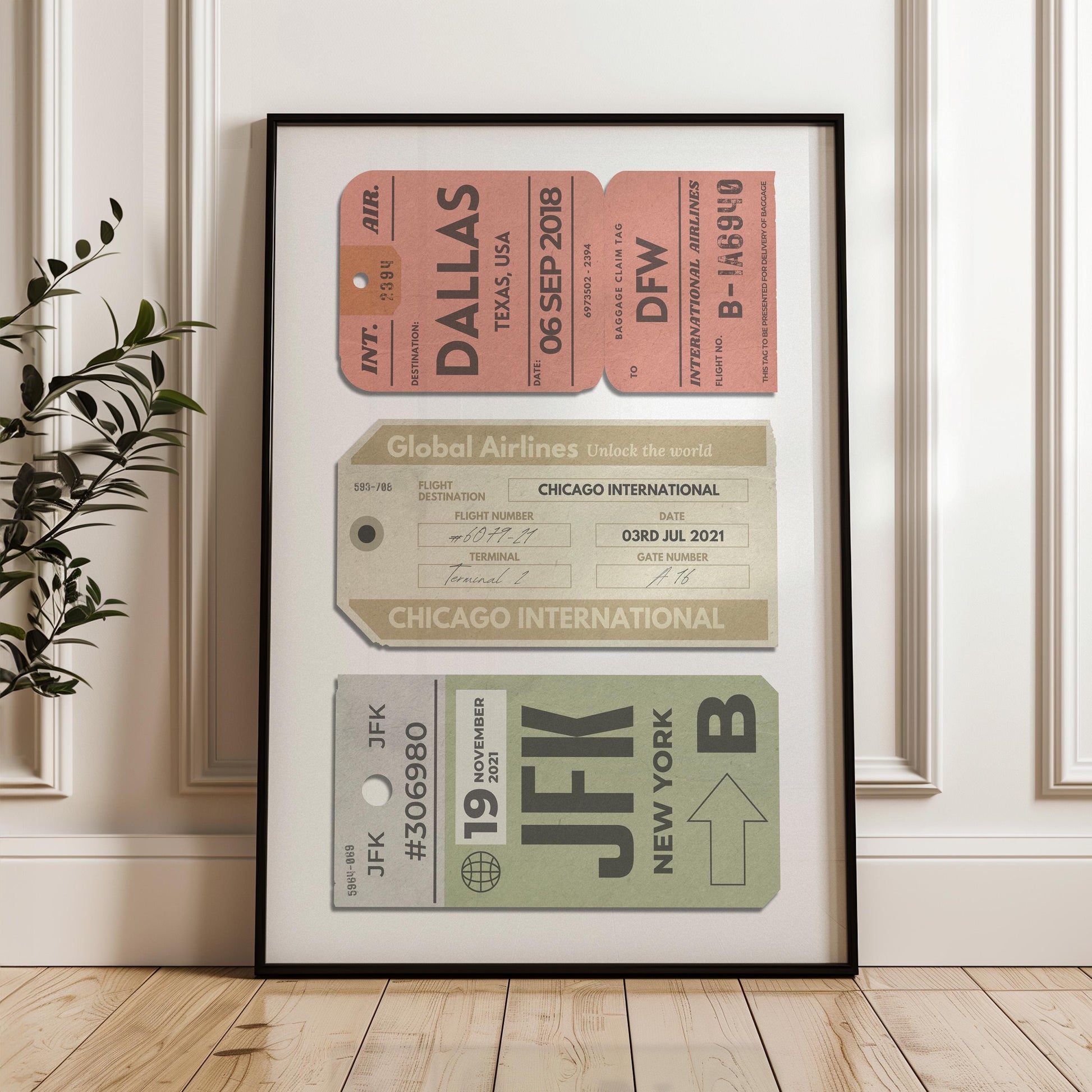 Vintage retro travel lover art piece Custom Three Luggage Tags Poster on kitchen wall. flight code airport departures print