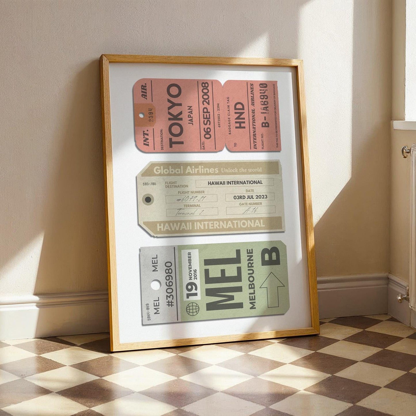 framed print leaning on wall featuring trio of customisable flight passes, retro colour scheme perfect for nostalgic decor.