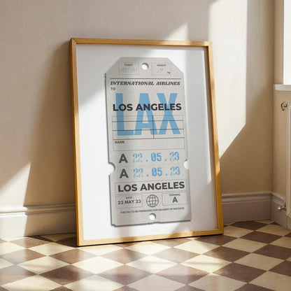 Cream luggage tag vintage poster, physical framed print, perfect personalised gift for travel lovers and holiday memories.