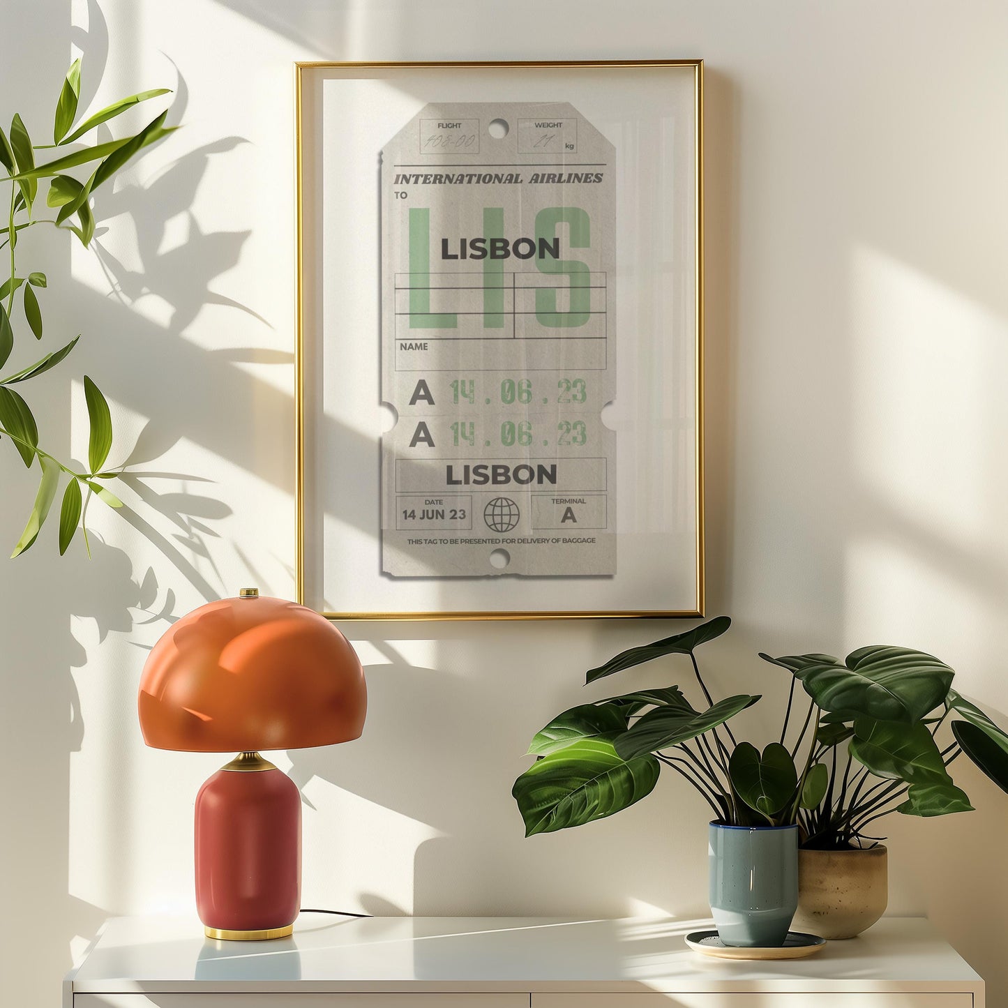 Beige luggage tag vintage poster, black frame version, ideal gift for travellers and holiday keepsakes.