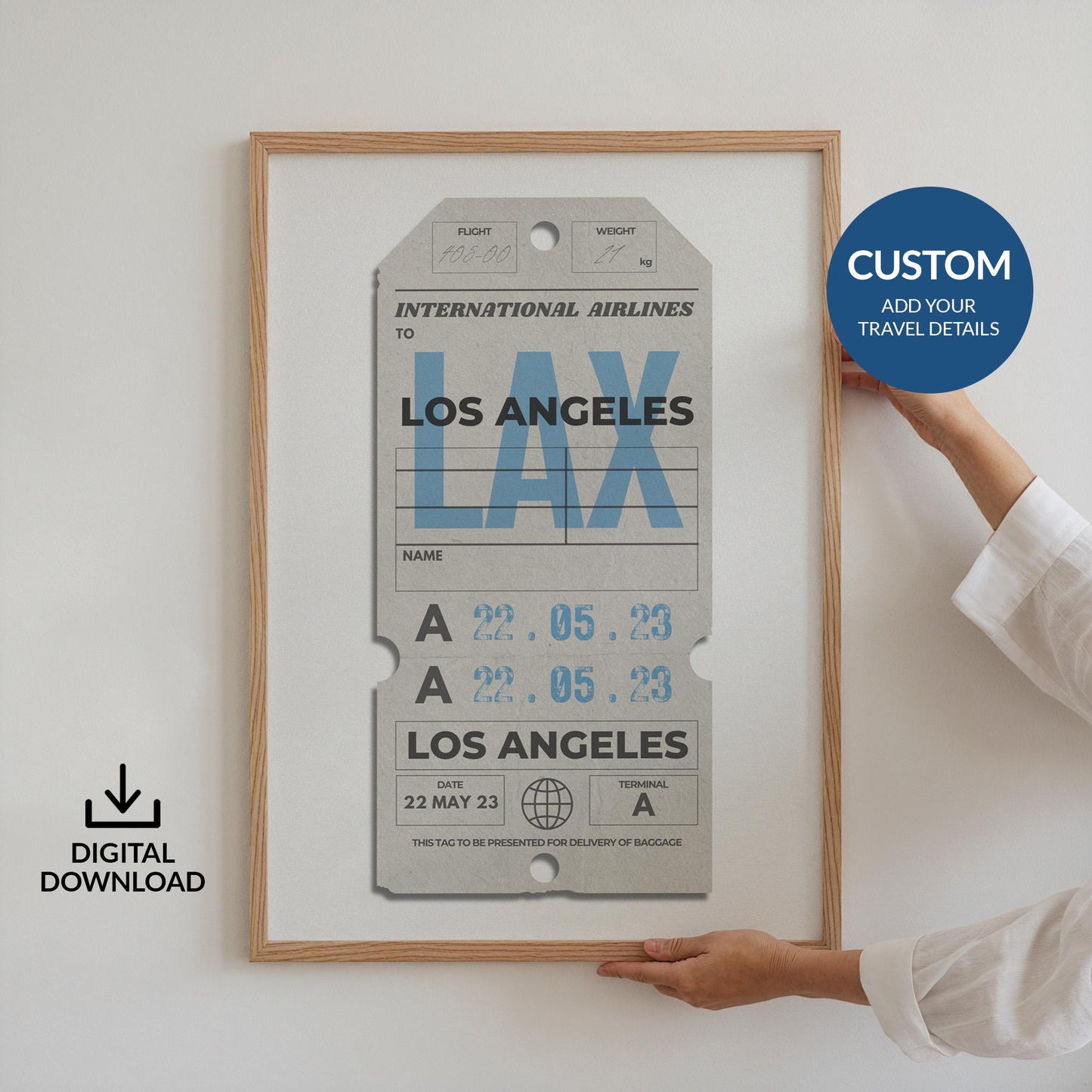 Digital beige airport pass travel art, personalised travel gift for holidays, flights, and nostalgic memories.