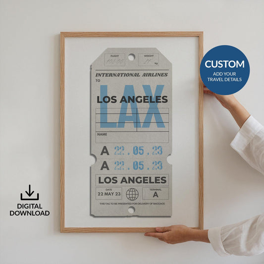 Digital beige airport pass travel art, personalised travel gift for holidays, flights, and nostalgic memories.