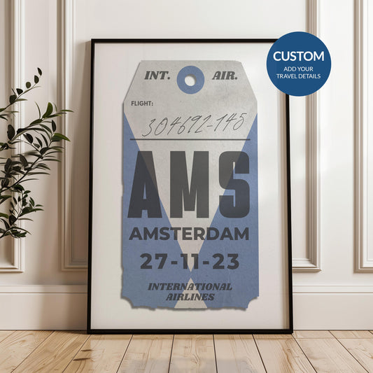 Framed airport travel art print leaning on wall, bespoke travel gift for holidays, flights, and nostalgic memories.