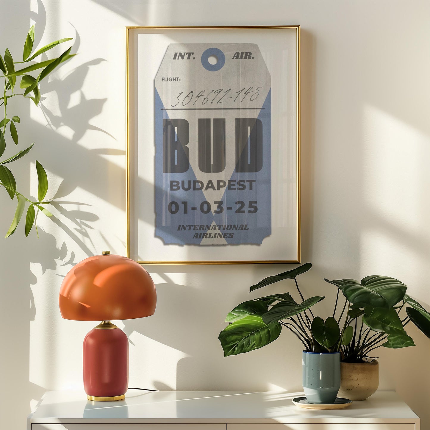 Framed blue luggage tag poster, vintage travel gift for holidays, flights, and airport memories.