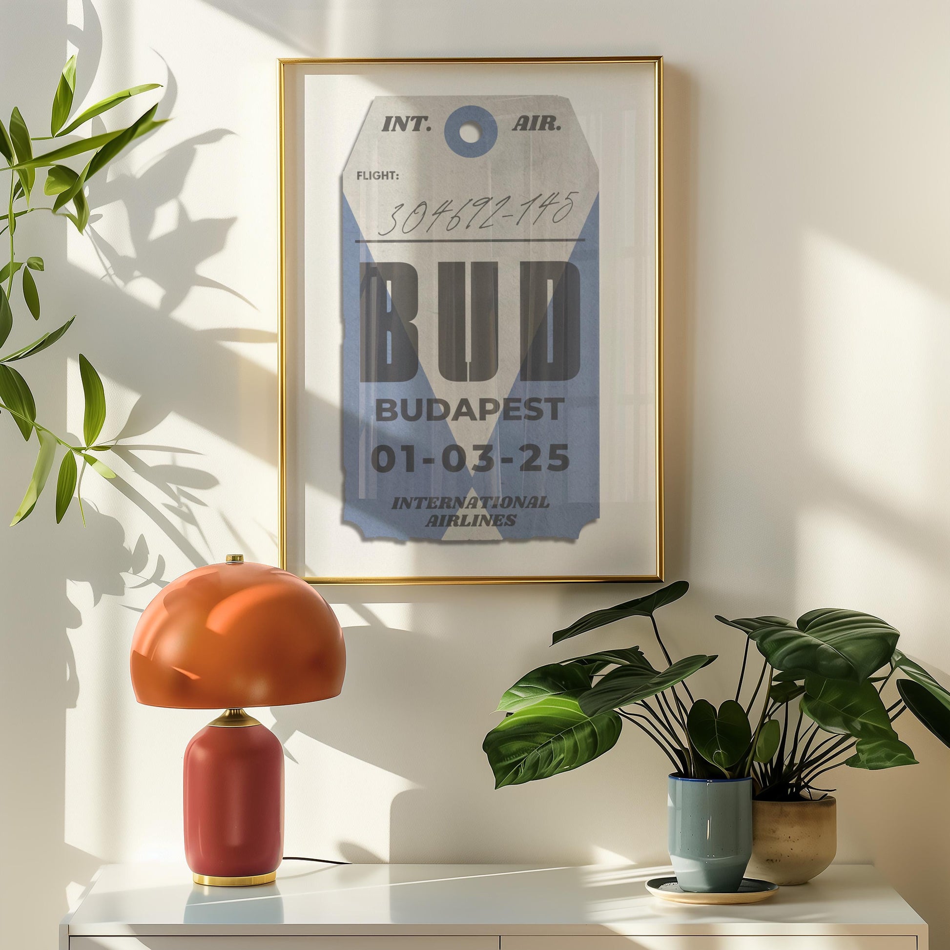 Framed blue luggage tag poster, vintage travel gift for holidays, flights, and airport memories.