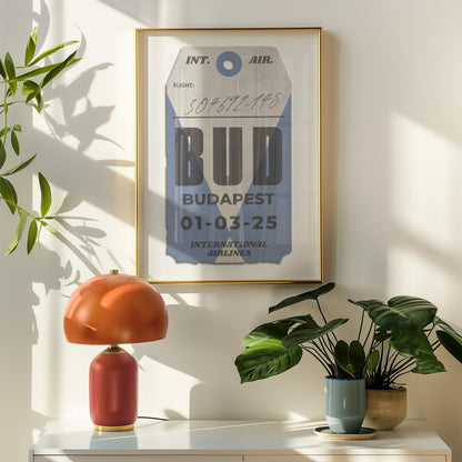 Framed blue luggage tag poster, vintage travel gift for holidays, flights, and airport memories.