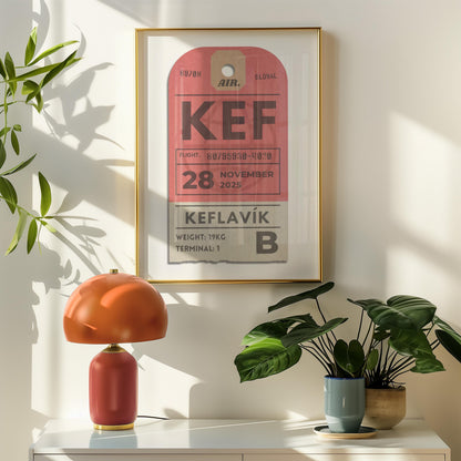 Framed flight pass traveller wall art leaning on wall, personalised holiday gift for travellers and nostalgic flight moments.