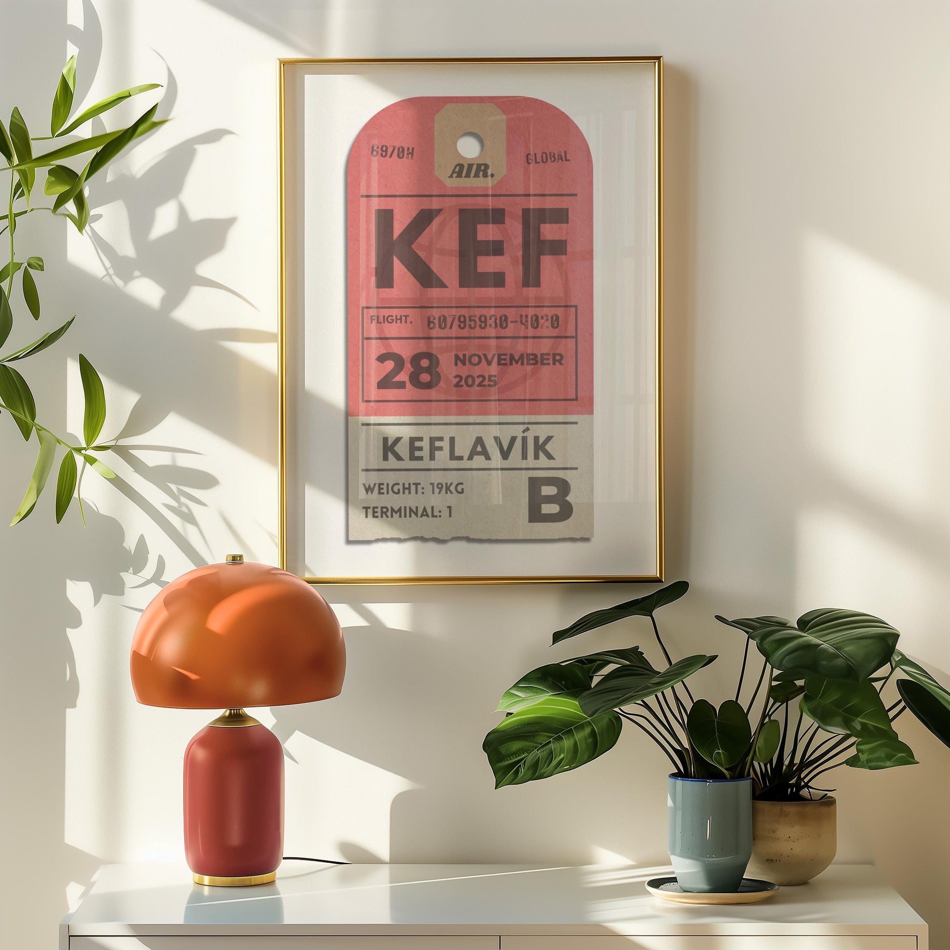 Framed flight pass traveller wall art leaning on wall, personalised holiday gift for travellers and nostalgic flight moments.