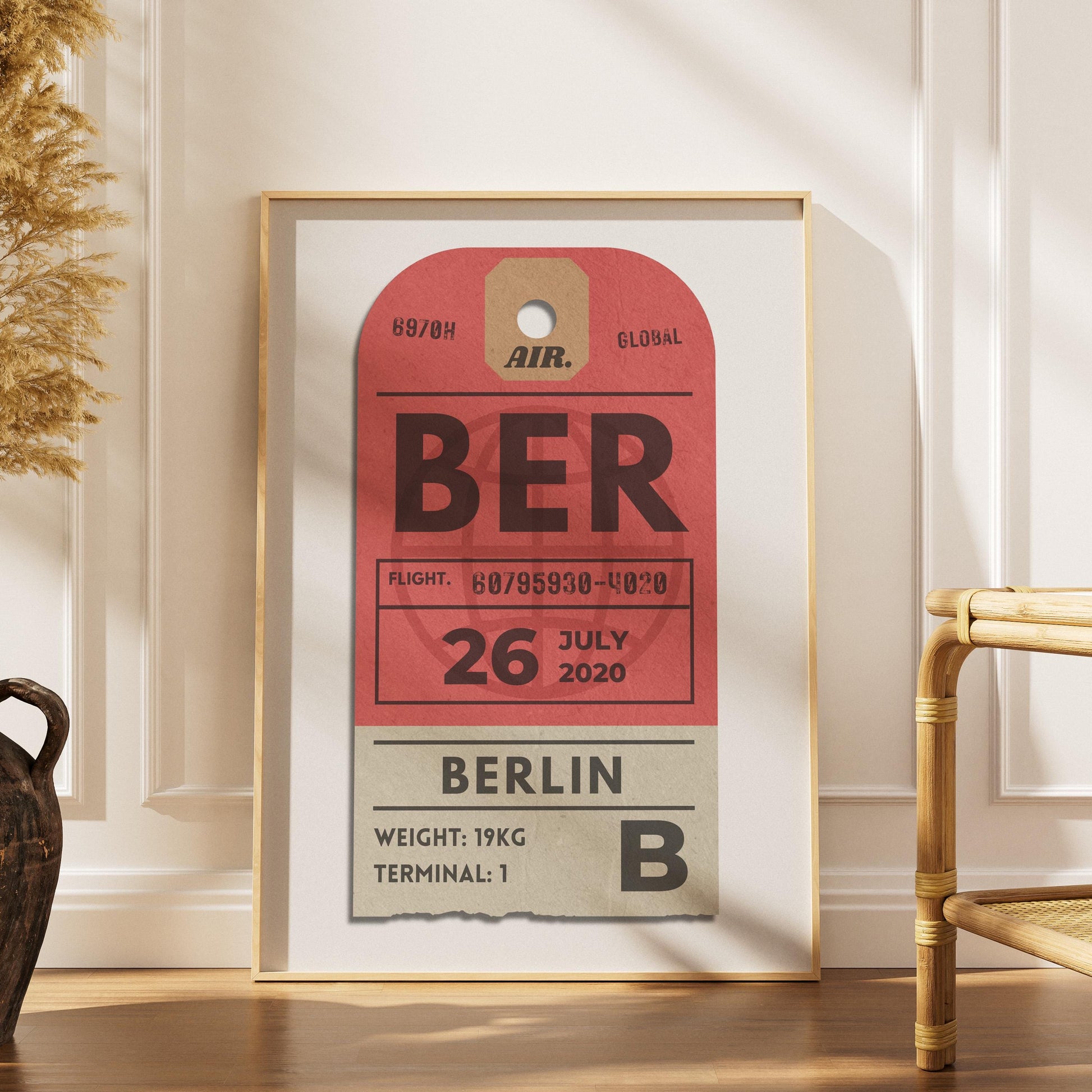 Red luggage tag framed poster, vintage travel-inspired vibrant print for holidays, flights, and gift-giving