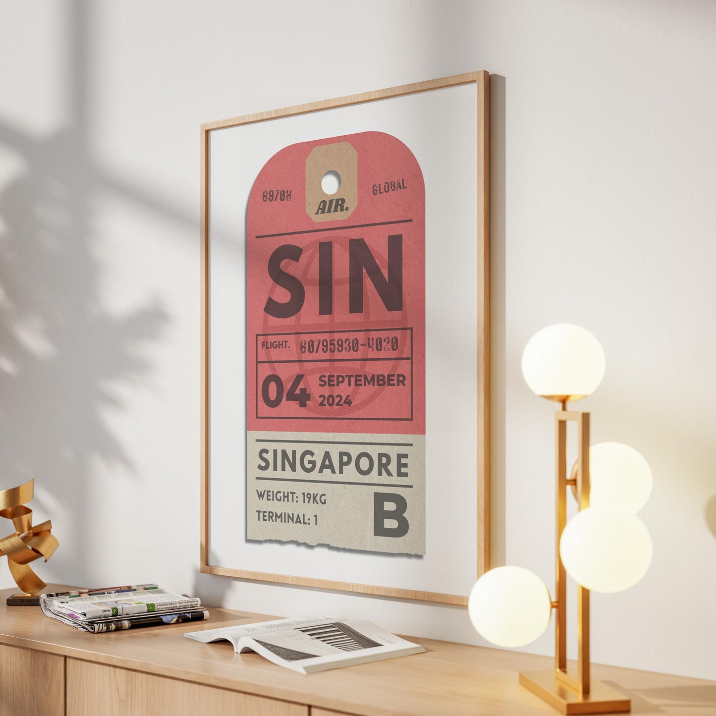 Digital red luggage tag poster, bespoke vintage-style travel gift for holidays, flights, and airport keepsakes.