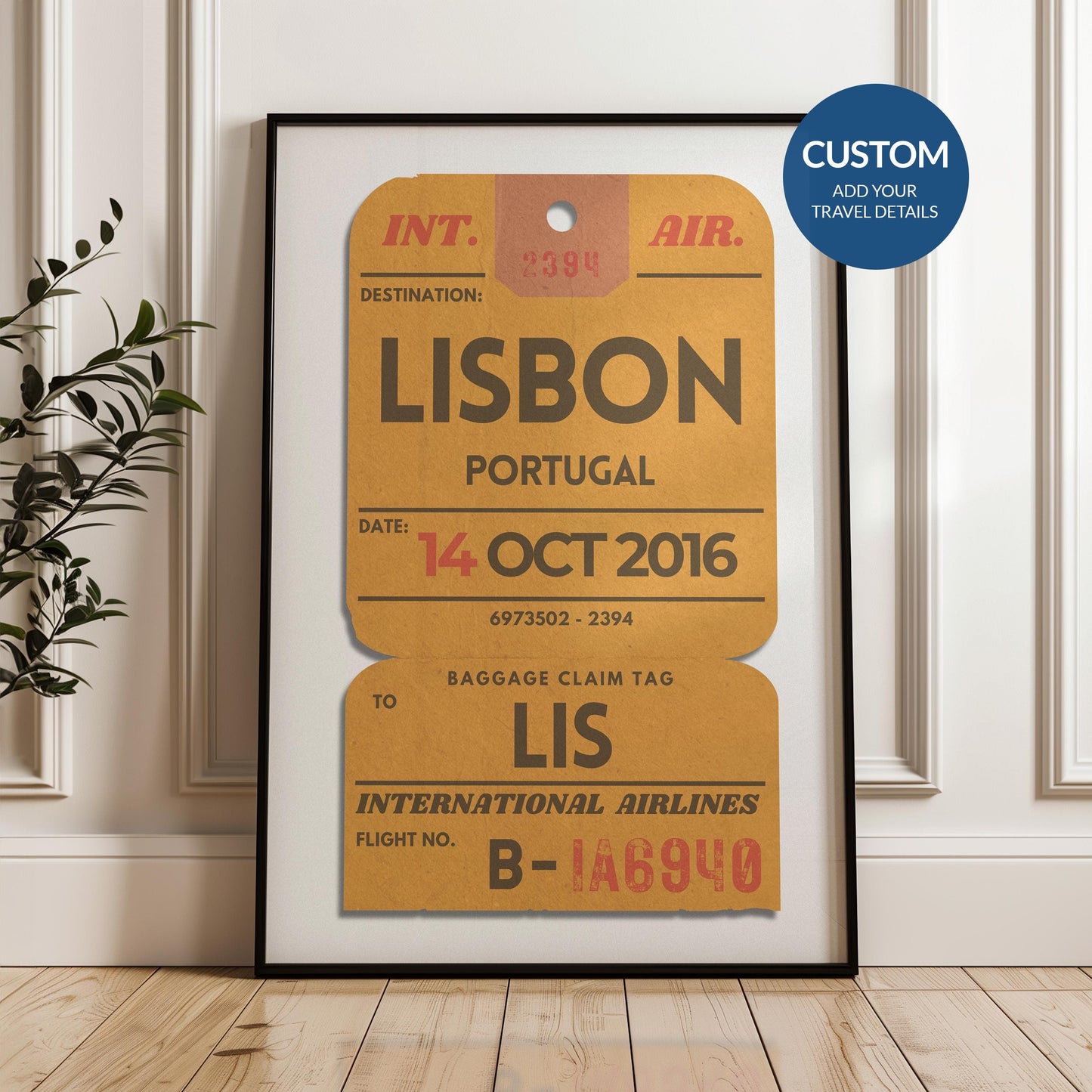 mustard Custom Yellow Luggage Tag Poster, vibrant gift for travellers with personalised dates and locations.