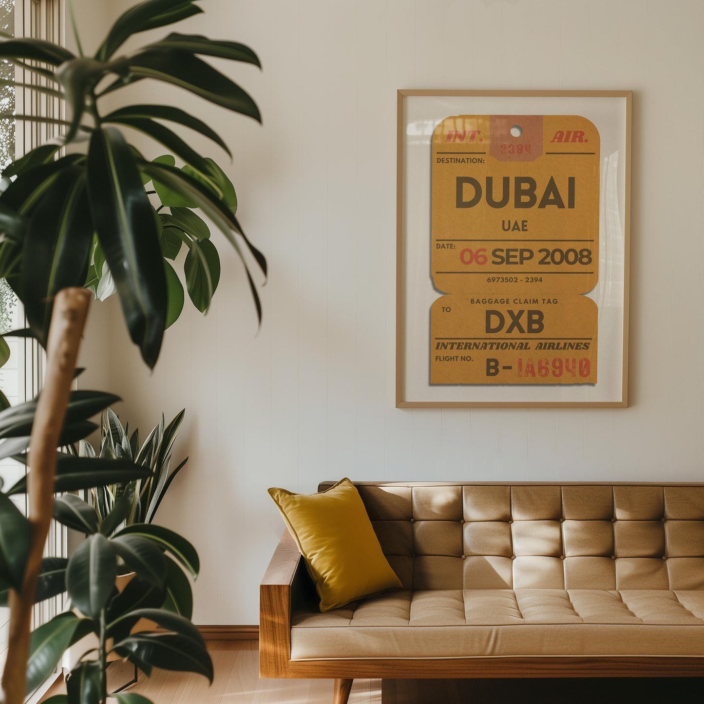 Custom travel memory poster in bold yellow, ticket-style print with your flight info and location. An ideal gift idea for jet-setters
