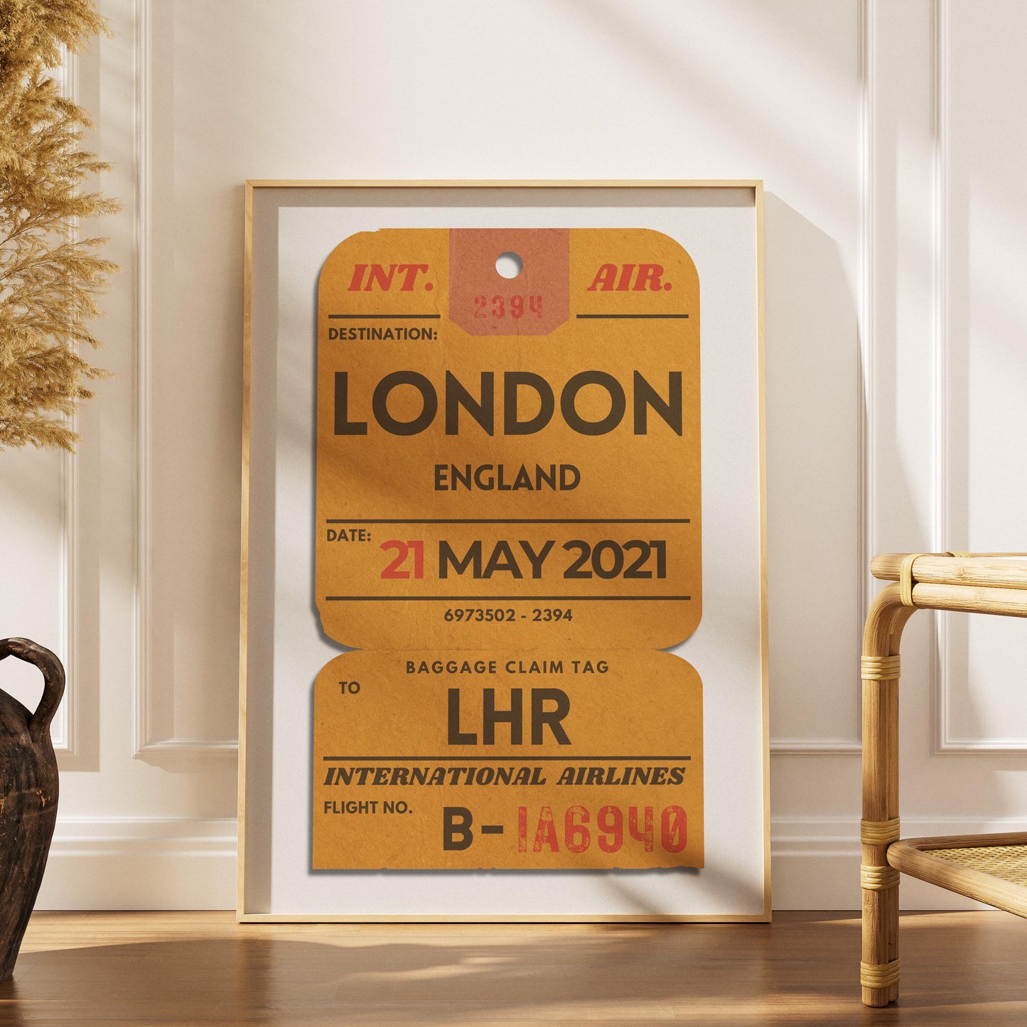 Printable personalised flight tag wall art, digitalised file ideal as holiday gift for travellers and nostalgic flight memories.