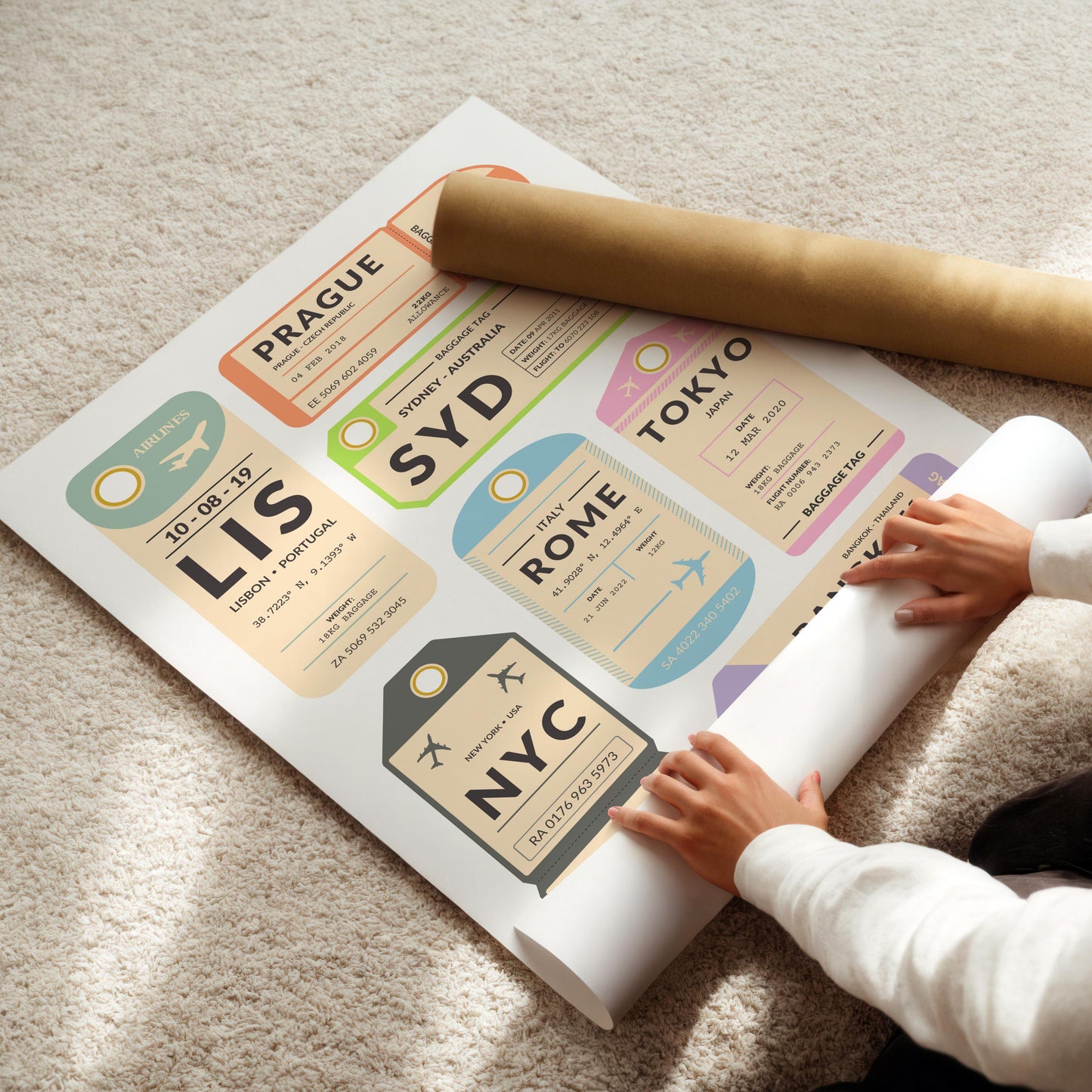 Custom airport code tag artwork leaning on wall, unique travel memory gift idea for jetsetters and adventurers.