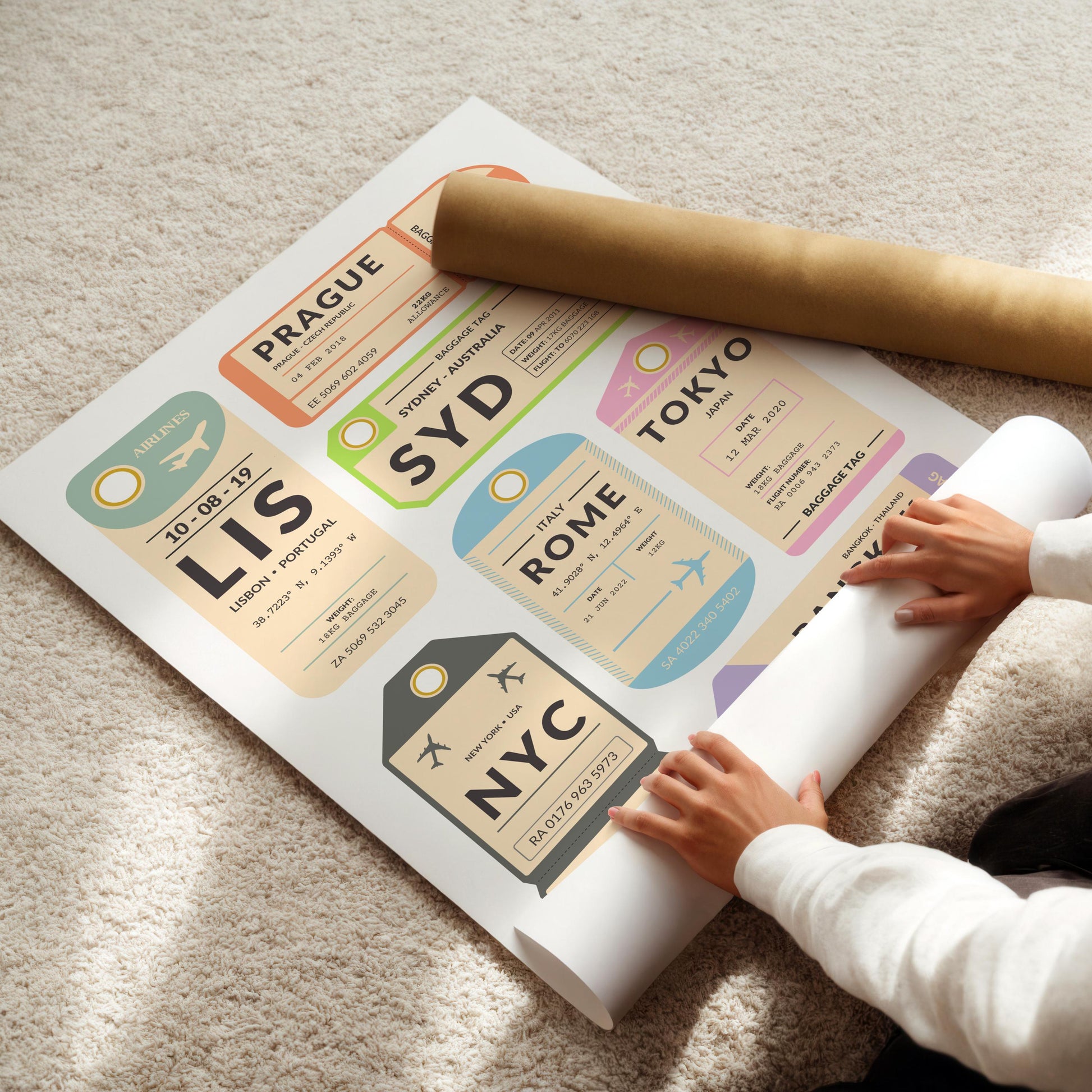 Custom airport code tag artwork leaning on wall, unique travel memory gift idea for jetsetters and adventurers.