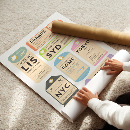 Custom airport code tag artwork leaning on wall, unique travel memory gift idea for jetsetters and adventurers.